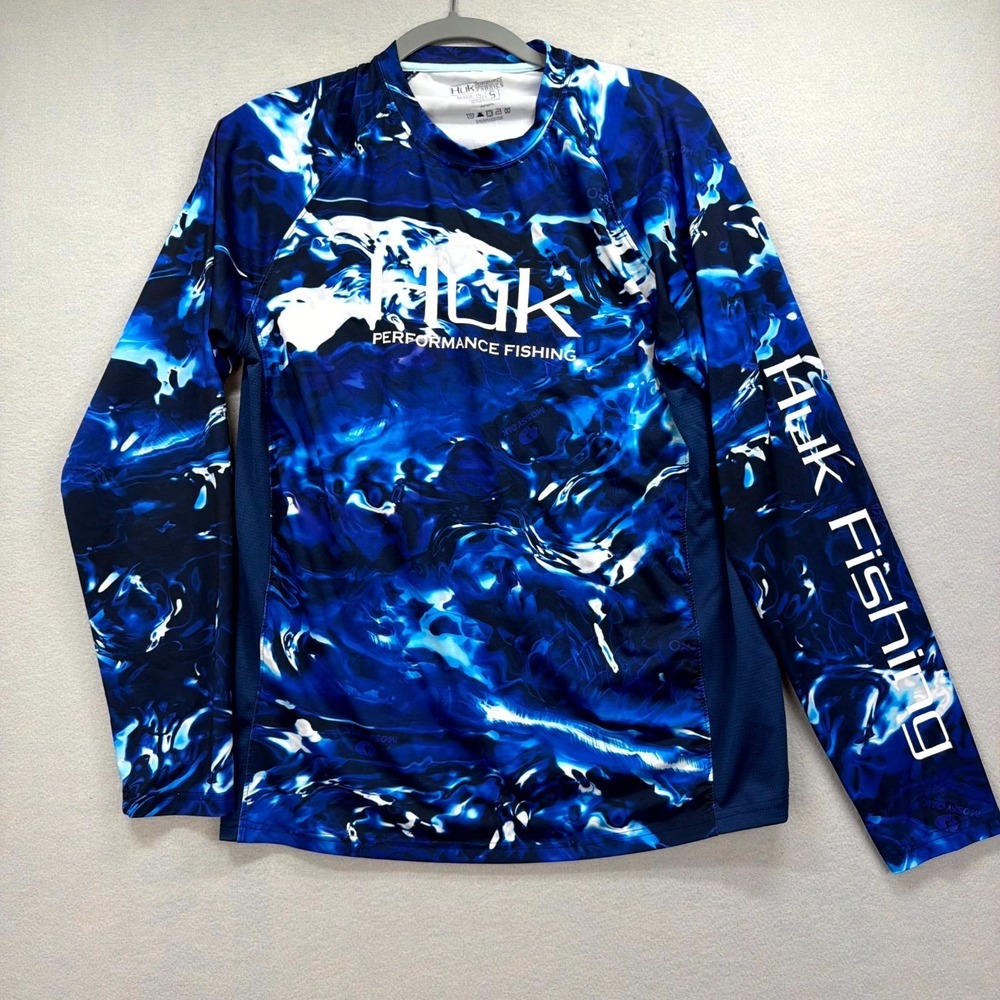 Huk Pursuit Mossy Oak Fishing Shirt Men Small Blue Water Camo Performance Angler